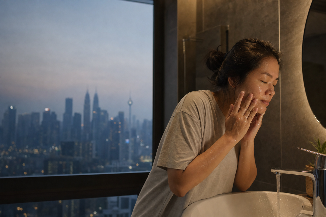 Woman gently washing her face at home with a hazy city skyline outside – skin care during haze