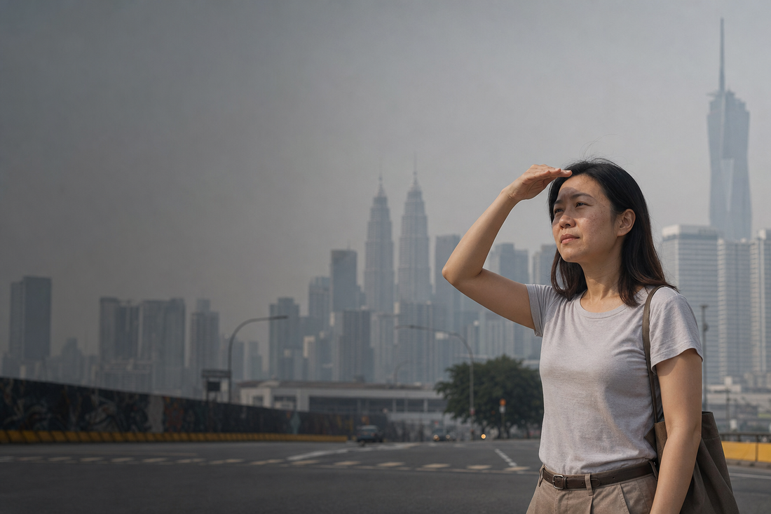 Malaysian woman shading her face on a hazy day in Kuala Lumpur – haze and skin