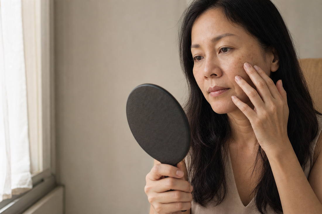Woman checking sun spots on her cheek in a hand mirror – dark spots on face
