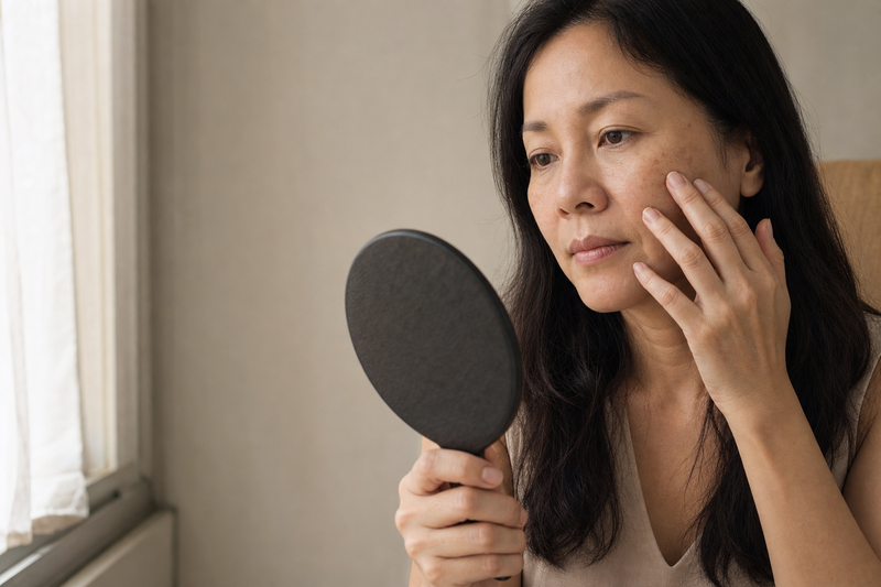 Woman checking sun spots on her cheek in a hand mirror – dark spots on face