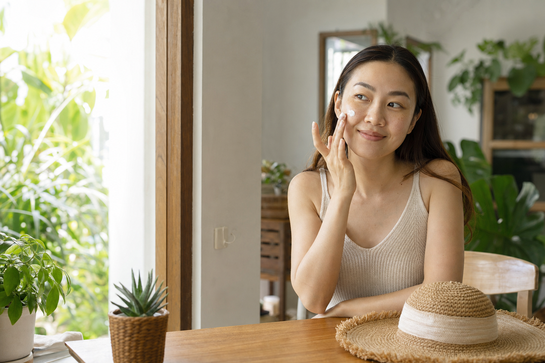 Woman dotting sunscreen on her cheek by a sunny window – habits to fade dark spots
