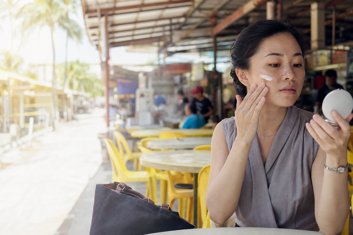 Woman reapplying sunscreen at a hawker centre at lunchtime – reapply sunscreen